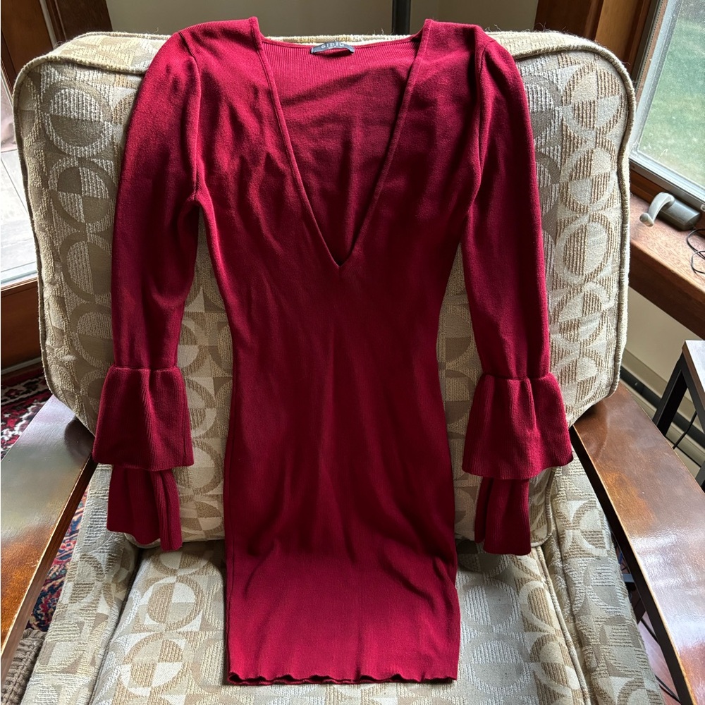Knit Mini Bodycon Dress with Plunge V neck and Tiered Long Bell Sleeves
